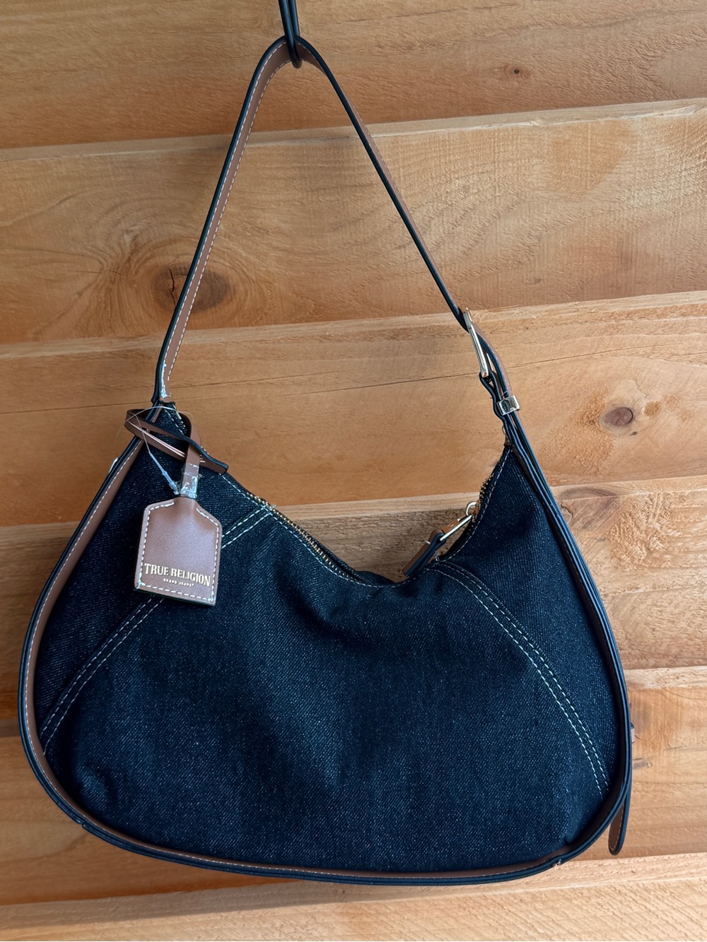 True ReligionBlack Y2K westernDenim Shoulder Bag/Brown Trim&Embroidered Logo NWT - Picture 2 of 9